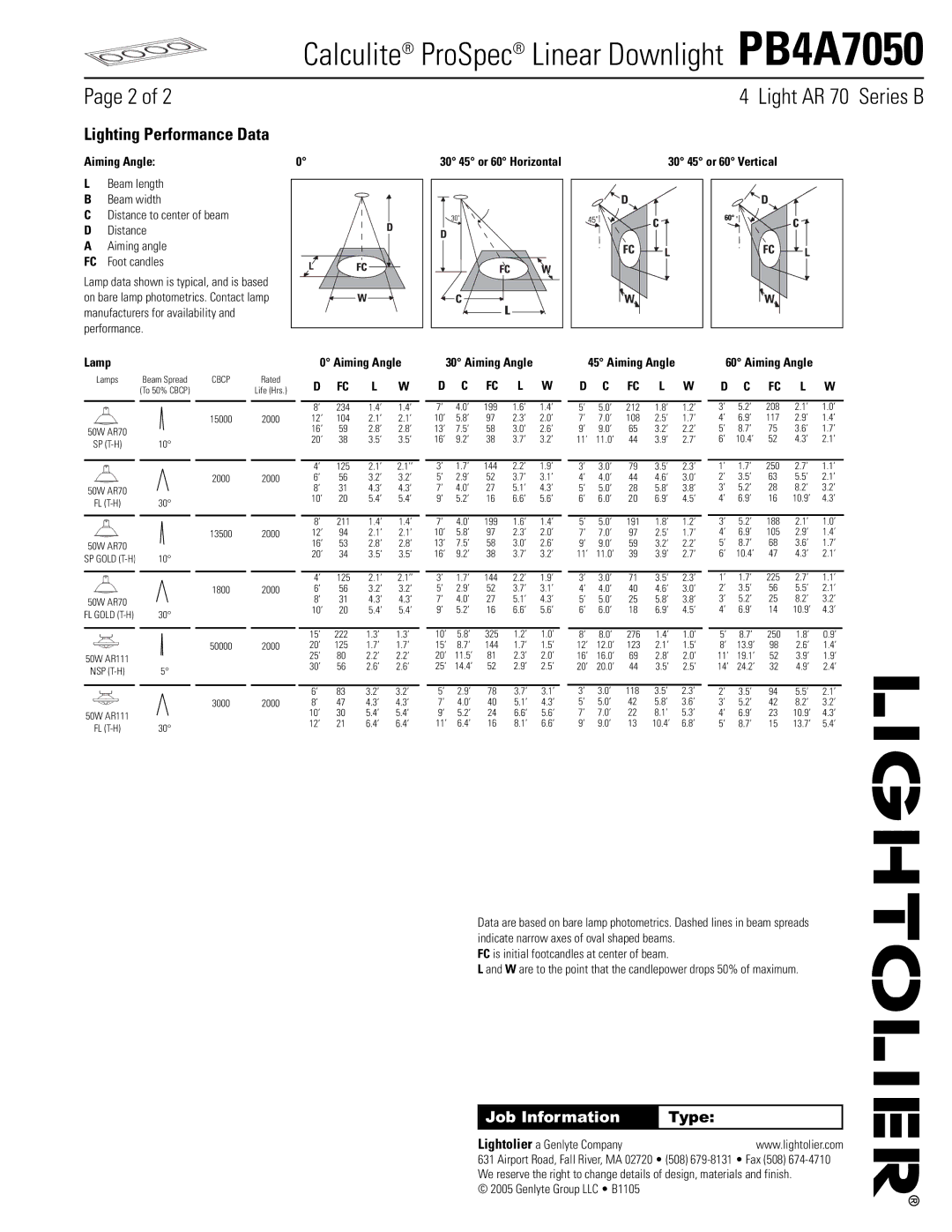 Lightolier PB4A7050 manual Aiming Angle, Distance to center of beam D Distance, 30 45 or 60 Vertical Lamp 