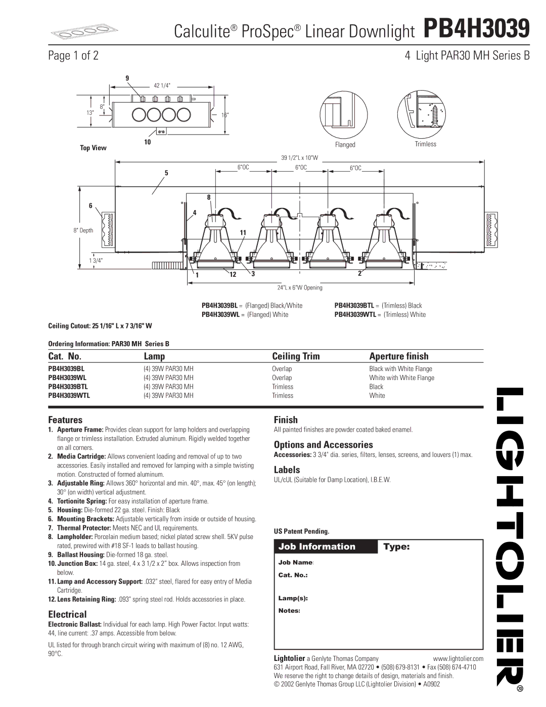Lightolier PB4H3039 manual Cat. No Lamp Ceiling Trim Aperture finish, Features, Electrical, Finish, Labels 