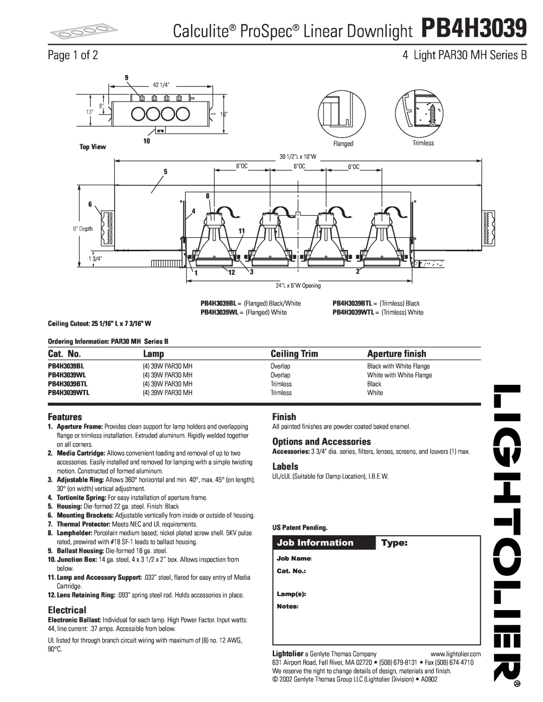 Lightolier manual Calculite ProSpec Linear Downlight PB4H3039, Page 1 of, Cat. No, Lamp, Ceiling Trim, Aperture finish 