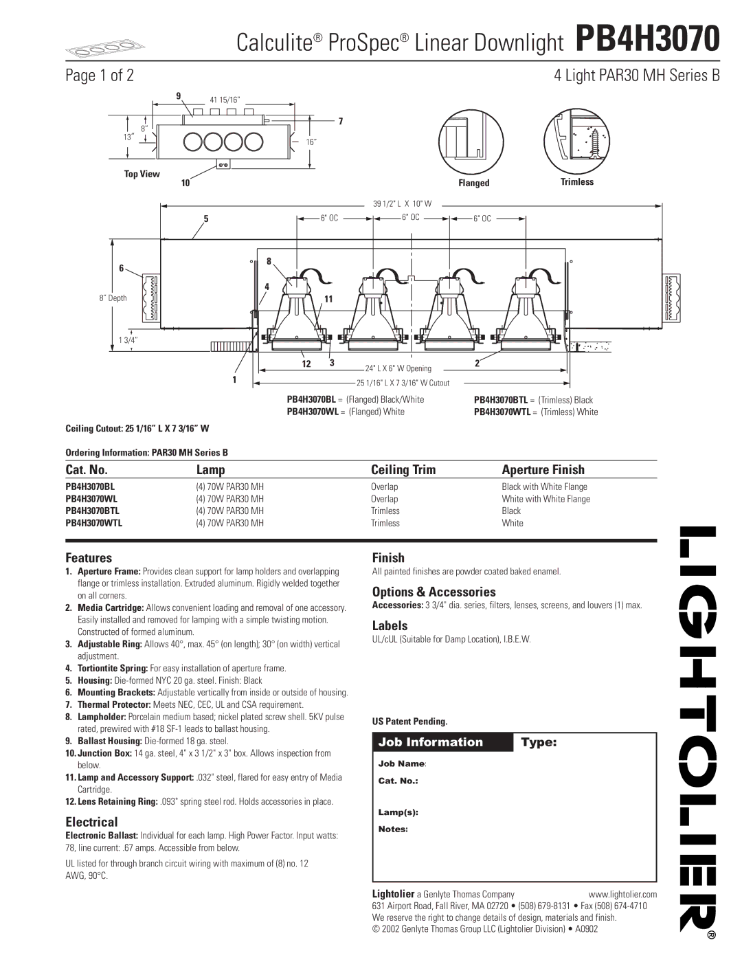 Lightolier PB4H3070 manual Cat. No Lamp Ceiling Trim Aperture Finish, Features, Electrical, Options & Accessories, Labels 