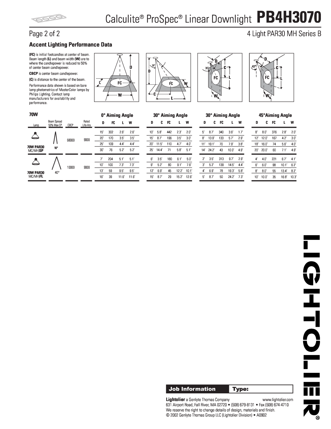 Lightolier Page 2 of, Accent Lighting Performance Data, Calculite ProSpec Linear Downlight PB4H3070, Job Information 