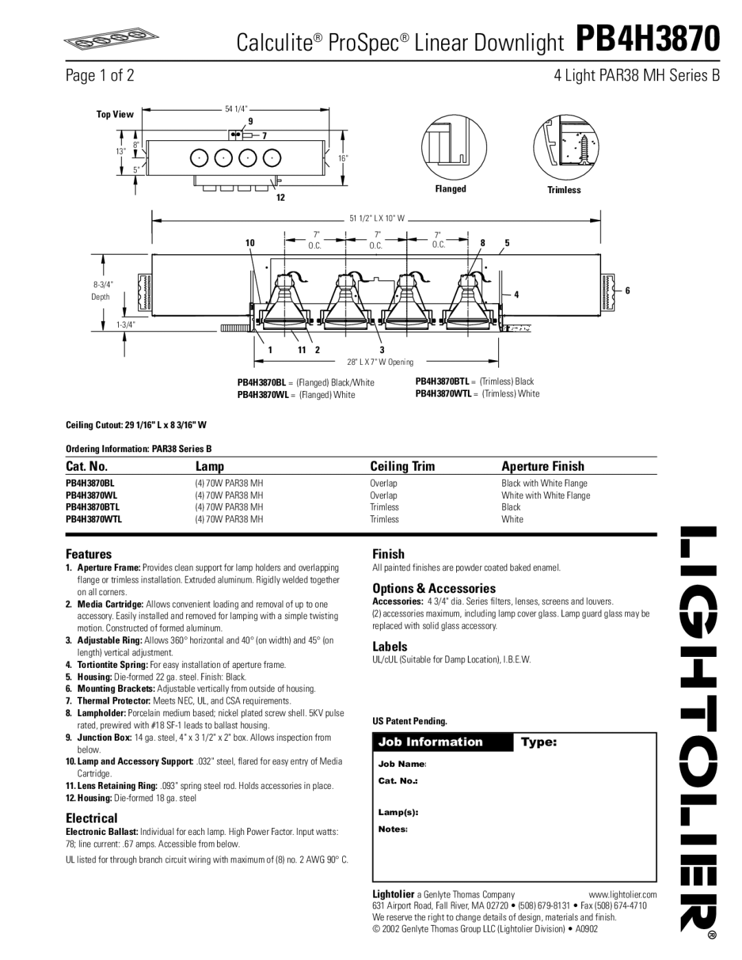 Lightolier PB4H3870 manual Cat. No Lamp Ceiling Trim Aperture Finish, Features, Electrical, Options & Accessories, Labels 