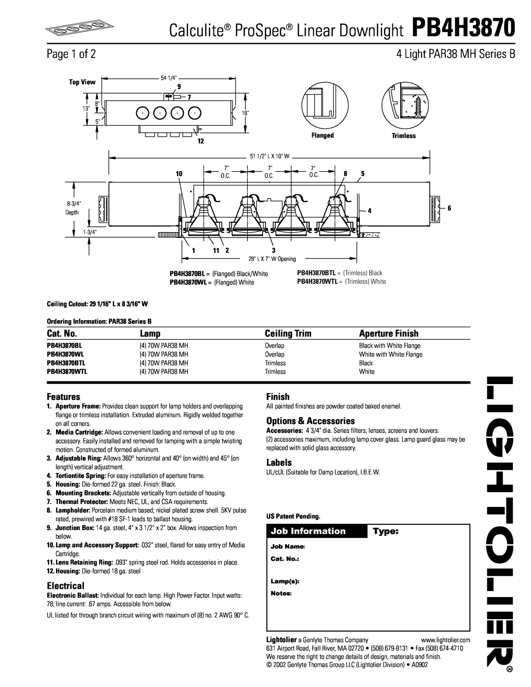 Lightolier PB4H3870 manual Page 1 of, Light PAR38 MH Series B, Cat. No, Lamp, Ceiling Trim, Aperture Finish, Features 