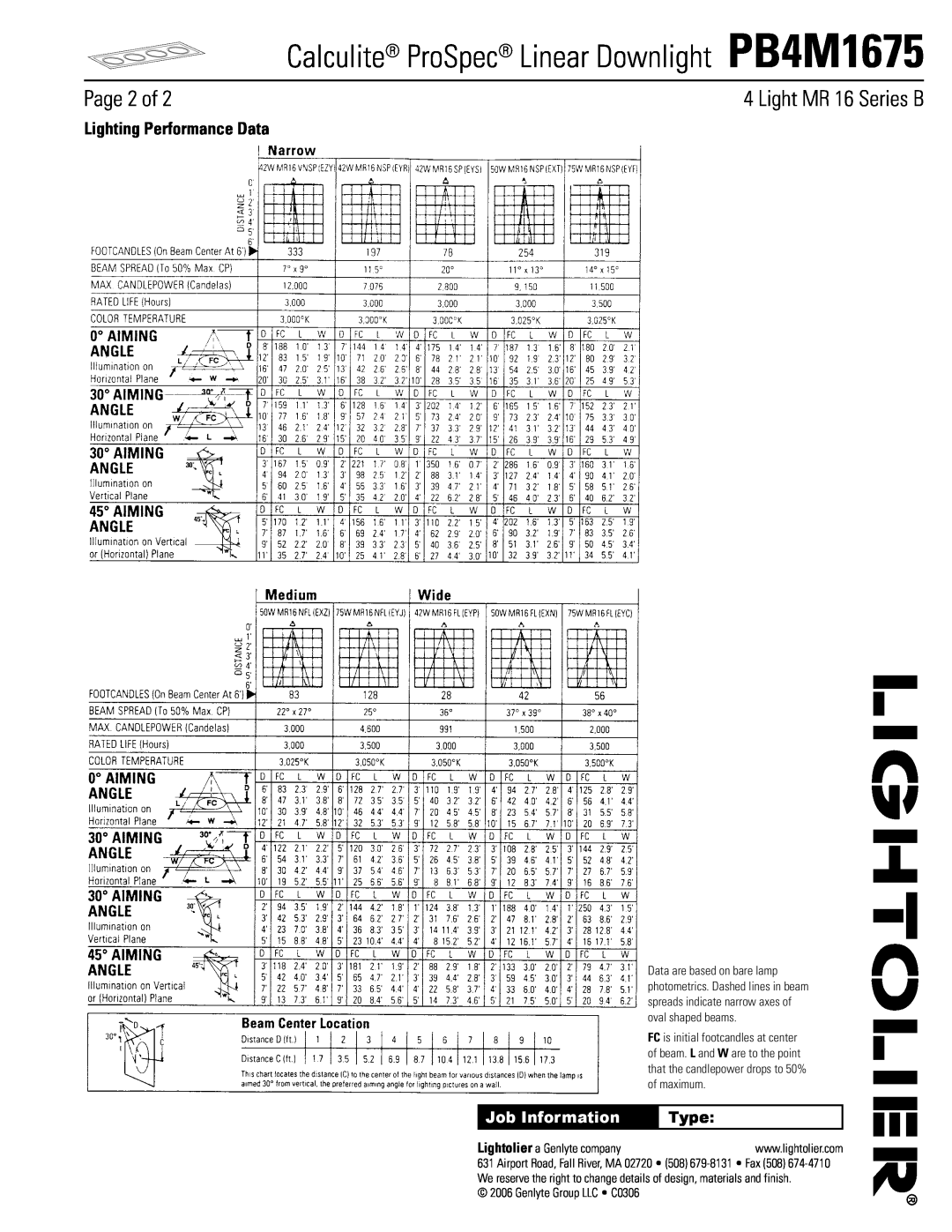 Lightolier manual Page 2 of, Light MR 16 Series B, Calculite ProSpec Linear Downlight PB4M1675, Job Information, Type 