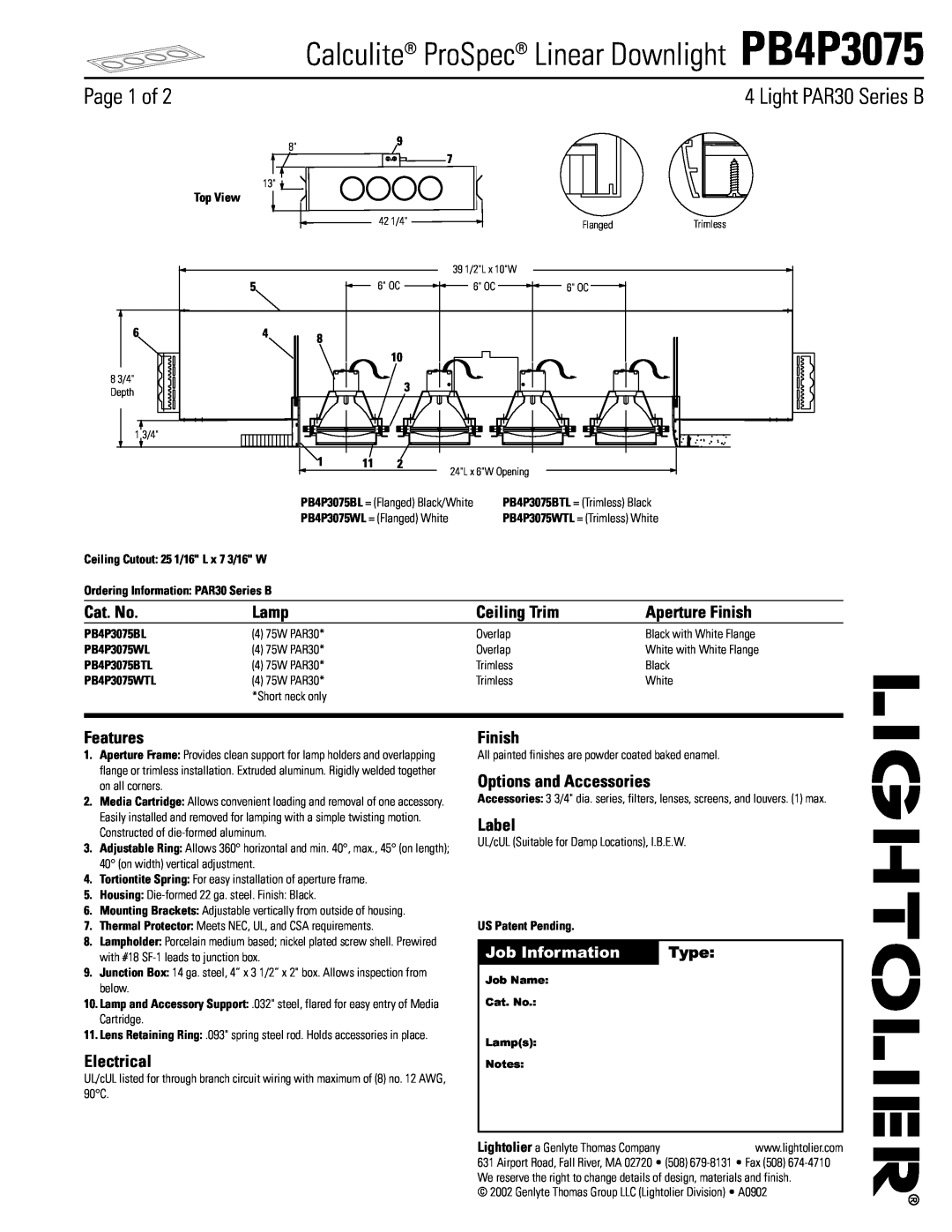 Lightolier PB4P3075 manual Cat. No, Lamp, Aperture Finish, Features, Electrical, Options and Accessories, Label, Type 