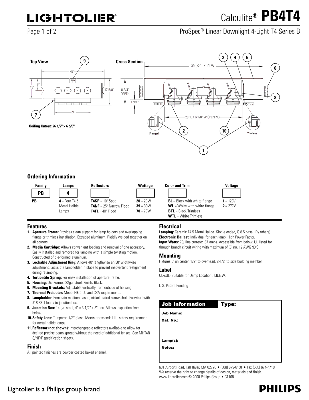 Lightolier PB4T4 manual Ordering Information, Features, Finish, Electrical, Mounting, Label 