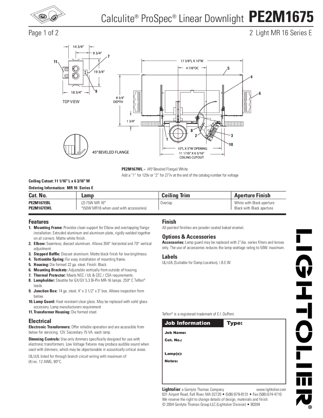 Lightolier PE2M1675 manual Cat. No Lamp Ceiling Trim Aperture Finish, Features, Electrical, Options & Accessories, Labels 