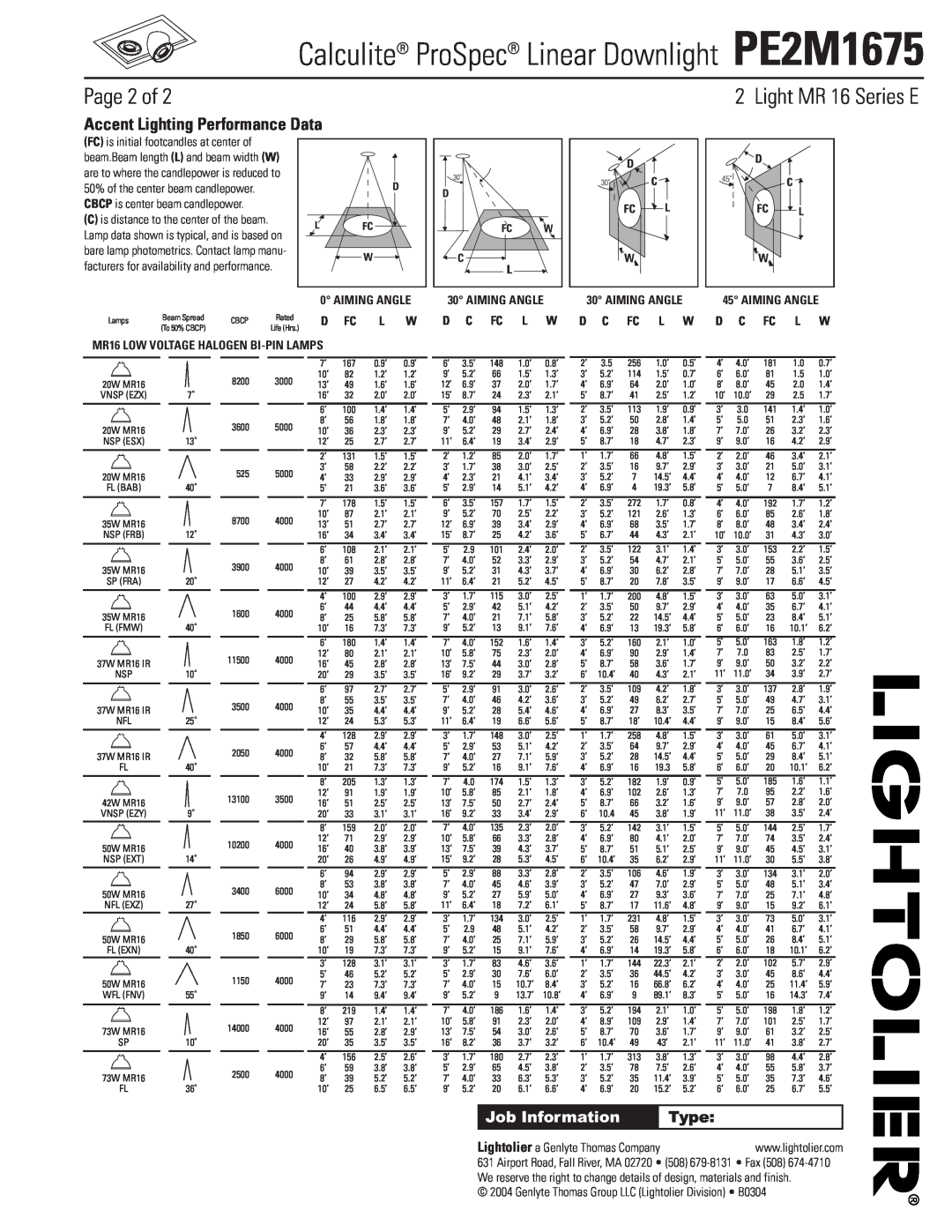 Lightolier Page 2 of, Accent Lighting Performance Data, Calculite ProSpec Linear Downlight PE2M1675, Job Information 