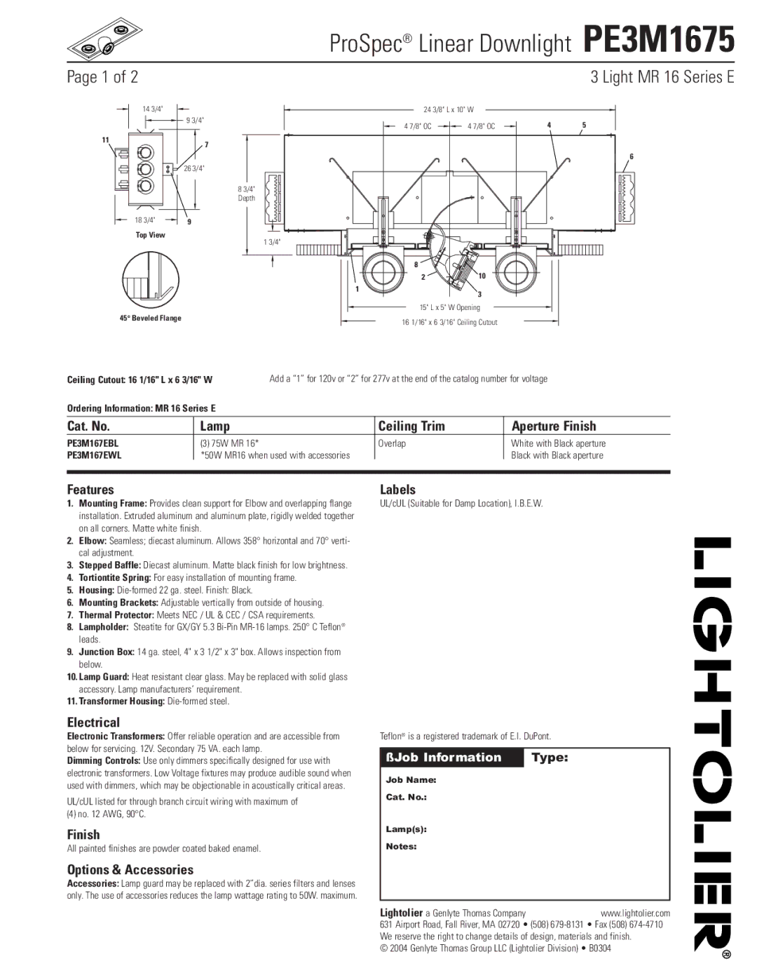 Lightolier PE3M1675 manual Cat. No Lamp Ceiling Trim Aperture Finish, Features Labels, Electrical, Options & Accessories 