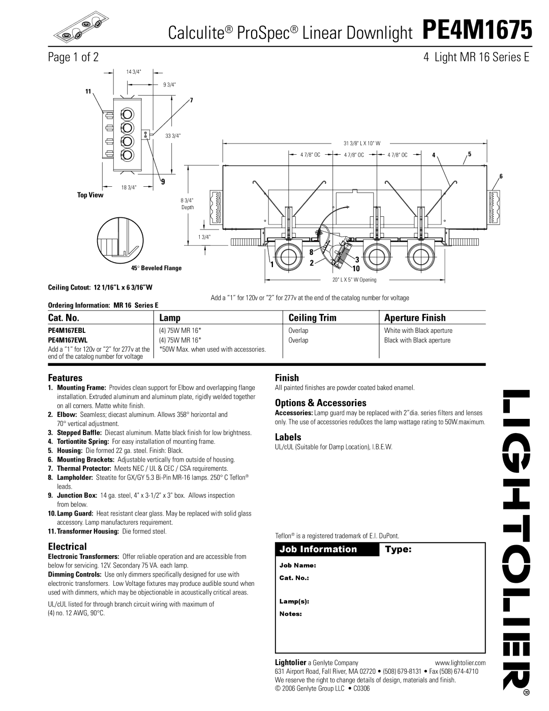 Lightolier PE4M1675 manual Cat. No Lamp Ceiling Trim, Features, Electrical, Finish, Options & Accessories, Labels 