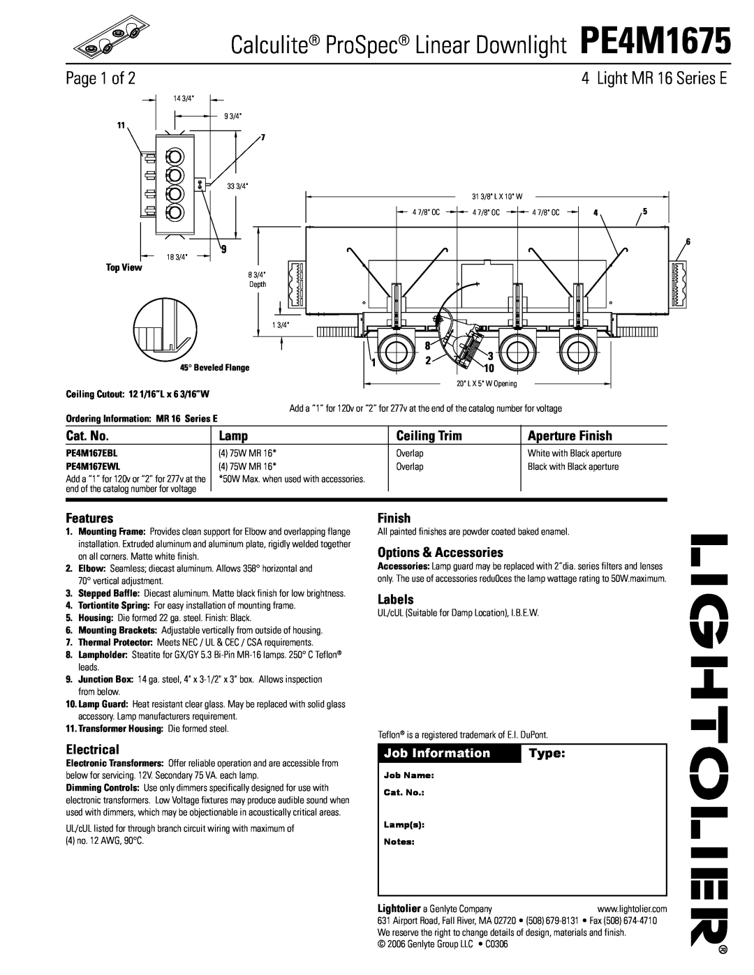 Lightolier manual Calculite ProSpec Linear Downlight PE4M1675, Page 1 of, Light MR 16 Series E, Cat. No, Lamp, Features 