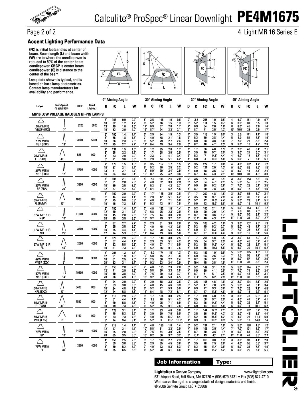 Lightolier Page 2 of, Accent Lighting Performance Data, Type, Calculite ProSpec Linear Downlight PE4M1675, Aiming Angle 