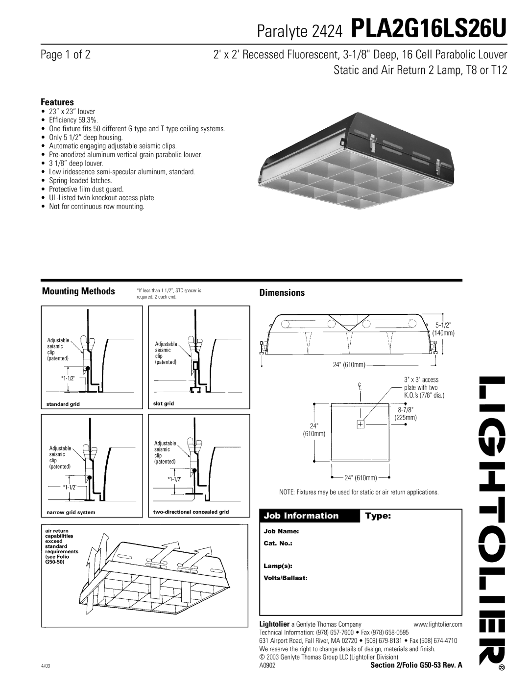 Lightolier PLA2G16LS26U, PLA2G120SO dimensions Features, Mounting Methods, Dimensions, Job Information Type 