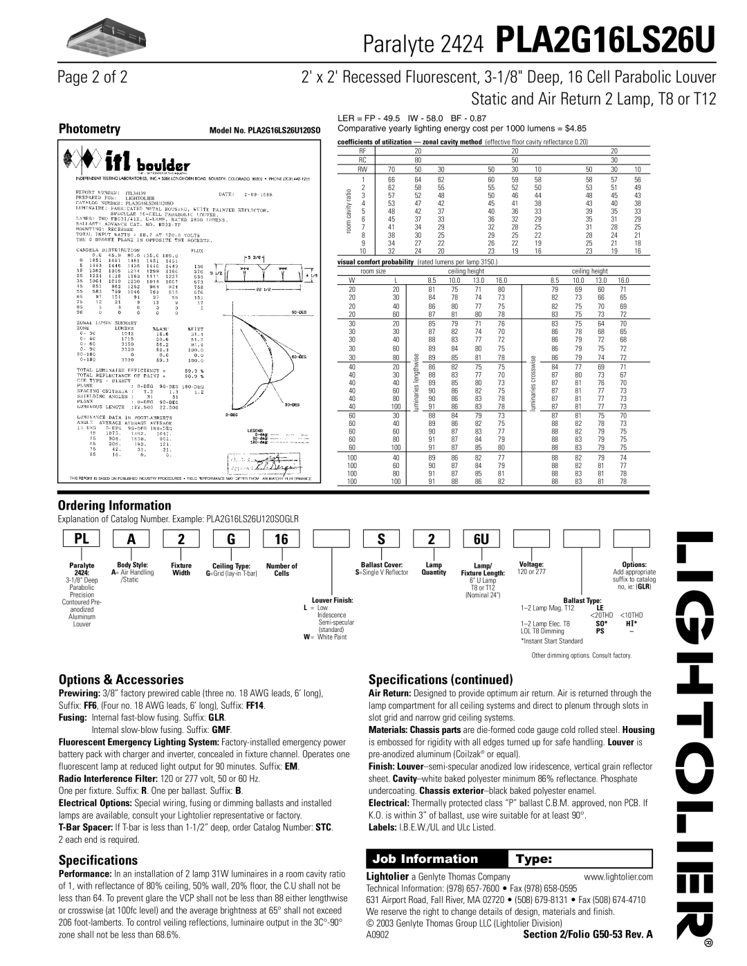 Lightolier PLA2G120SO dimensions Photometry, Ordering Information, Options & Accessories, Specifications, Job Information 