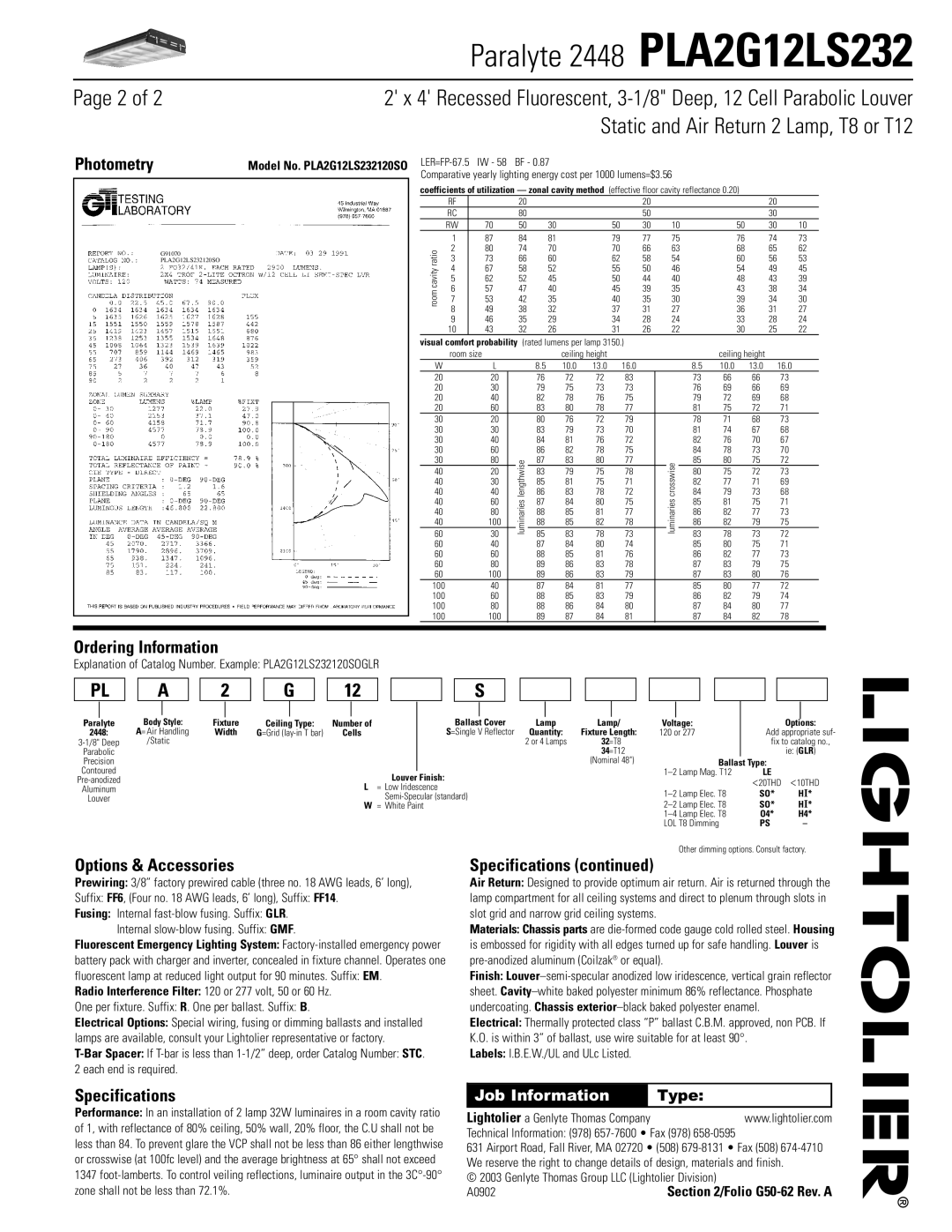 Lightolier PLA2G12LS232 Photometry, Ordering Information, Options & Accessories, Specifications, Job Information Type 