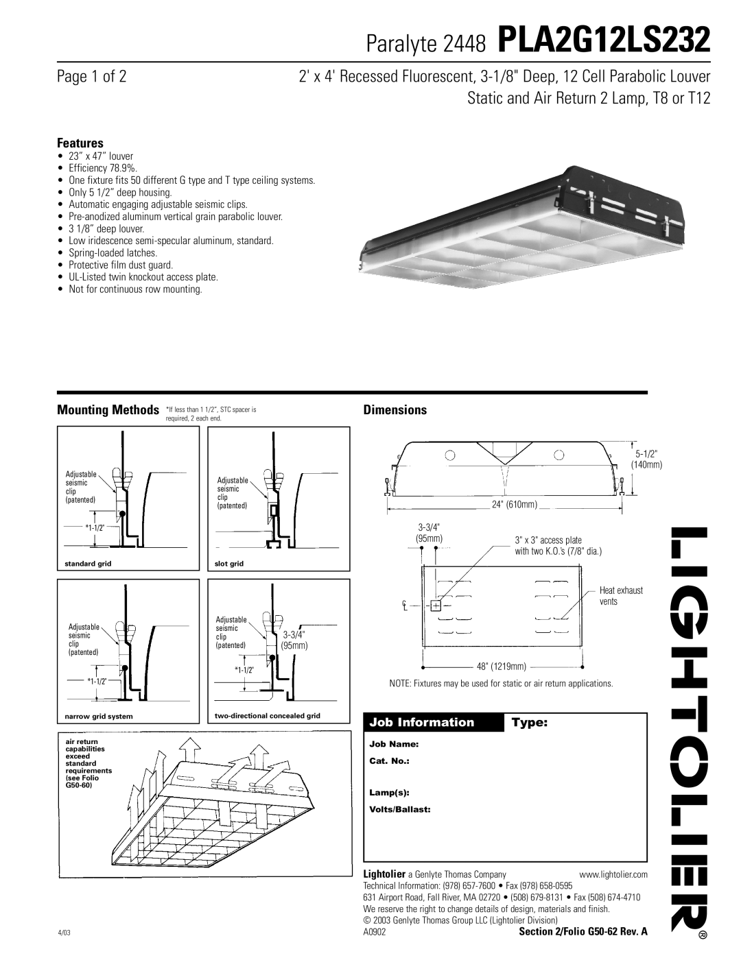 Lightolier dimensions Paralyte 2448 PLA2G12LS232, Page 1 of, Static and Air Return 2 Lamp, T8 or T12, Features, Type 