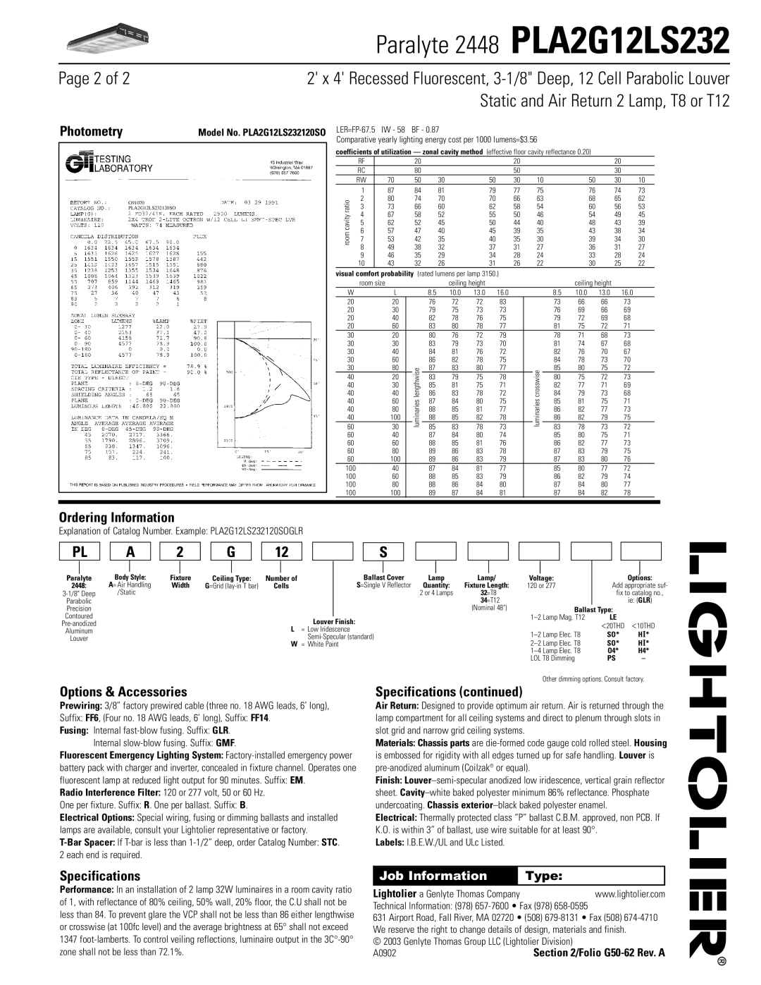 Lightolier PLA2G12LS232 dimensions Page 2 of, Photometry, Ordering Information, Options & Accessories, Specifications, Type 
