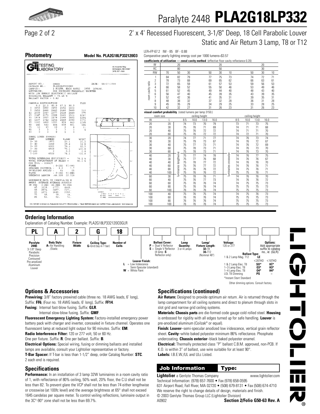 Lightolier PLA2G18LP332 dimensions Photometry, Ordering Information, Options & Accessories, Specifications 