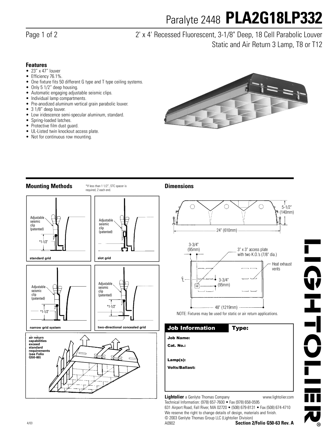 Lightolier PLA2G18LP332 dimensions Page 1 of, Static and Air Return 3 Lamp, T8 or T12, Features, Mounting Methods 