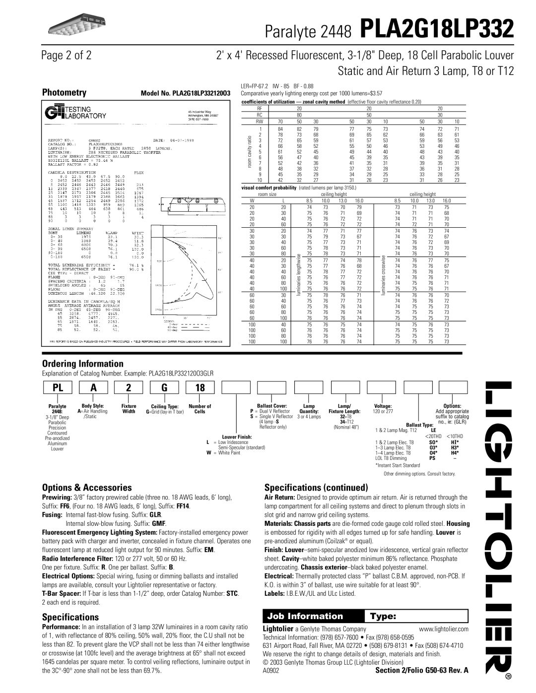 Lightolier PLA2G18LP332 dimensions Page 2 of, Photometry, Ordering Information, Options & Accessories, Specifications, Type 