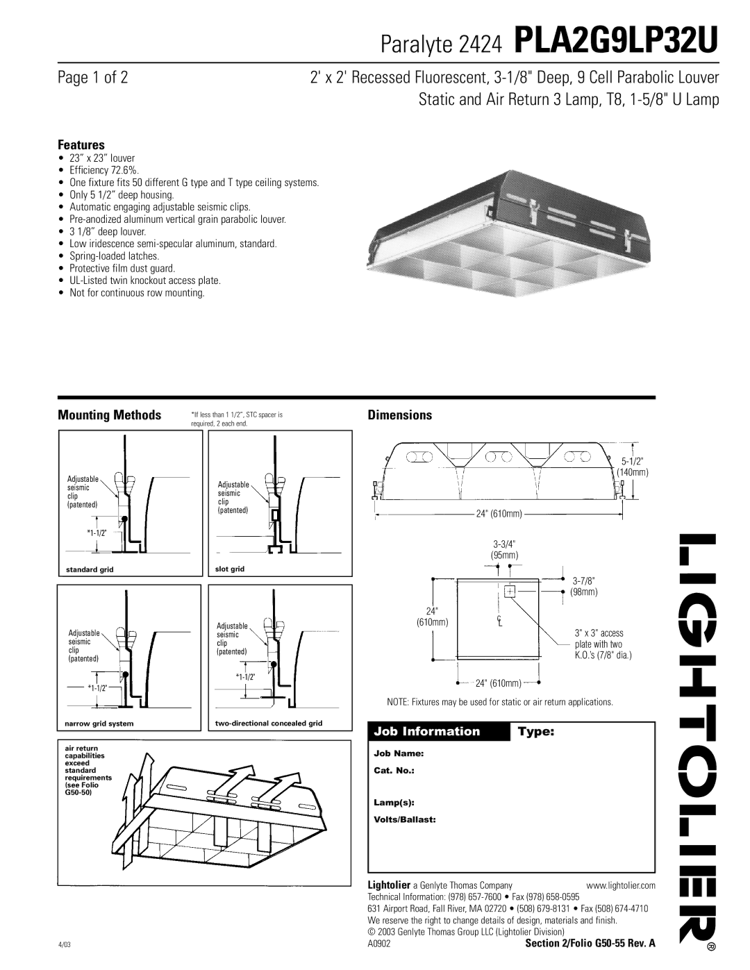 Lightolier PLA2G9LP32U dimensions Features, Mounting Methods, Dimensions, 140mm 24 610mm 95mm 98mm 610mmc 