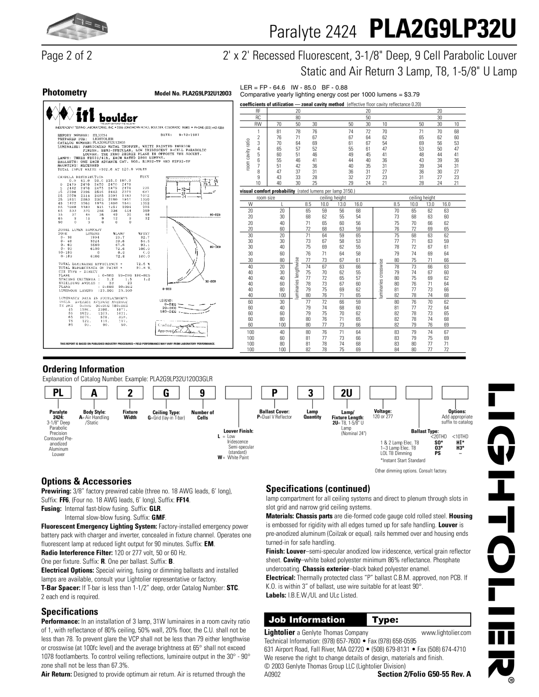 Lightolier PLA2G9LP32U dimensions Photometry, Ordering Information, Options & Accessories, Specifications 