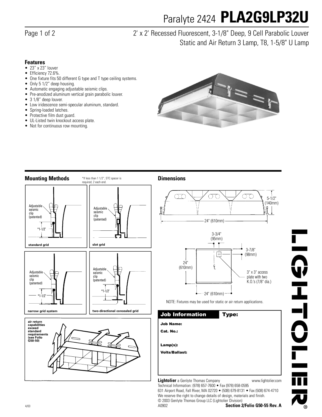 Lightolier dimensions Paralyte 2424 PLA2G9LP32U, Page 1 of, Static and Air Return 3 Lamp, T8, 1-5/8U Lamp, Features 