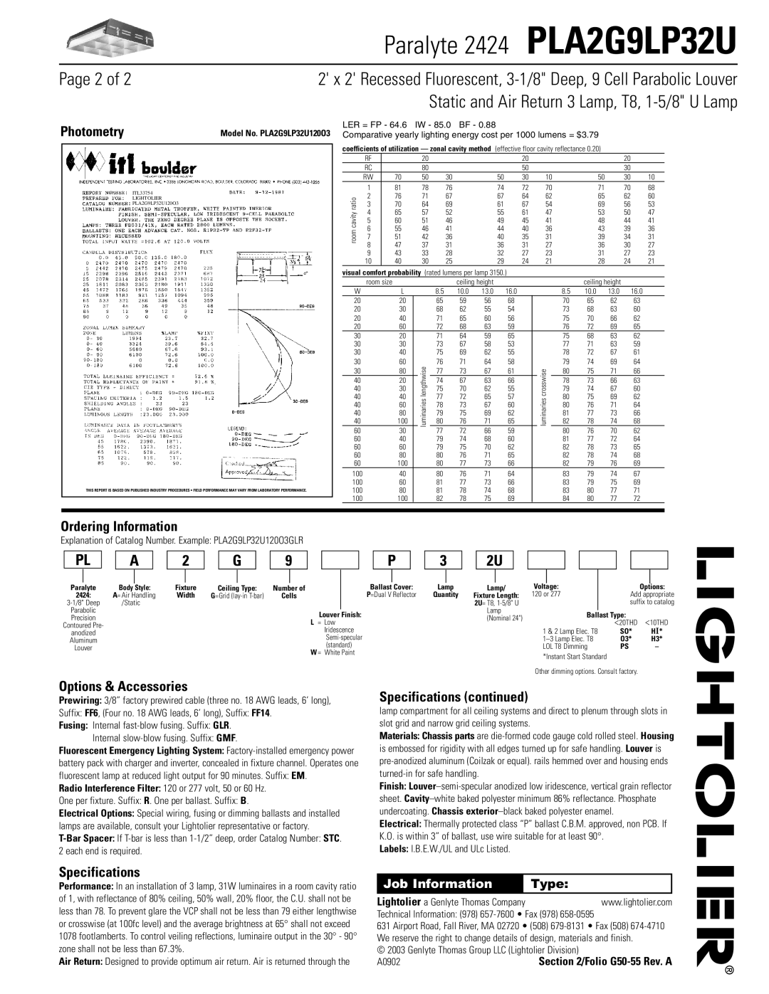 Lightolier PLA2G9LP32U Page 2 of, Photometry, Ordering Information, Options & Accessories, Specifications, Job Information 