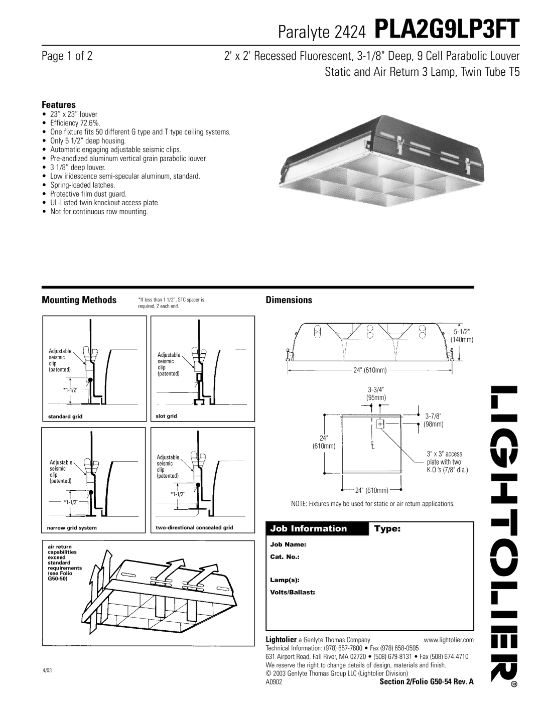 Lightolier PLA2G9LP3FT dimensions Features, Mounting Methods, Dimensions 