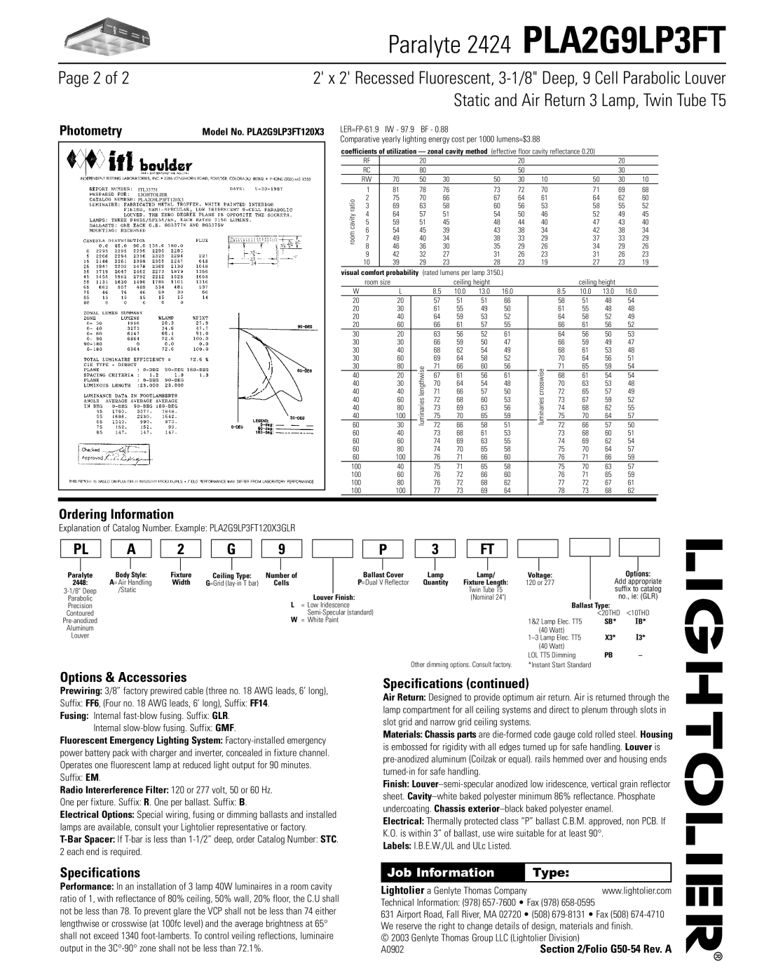 Lightolier PLA2G9LP3FT dimensions Photometry, Ordering Information, Options & Accessories, Specifications 