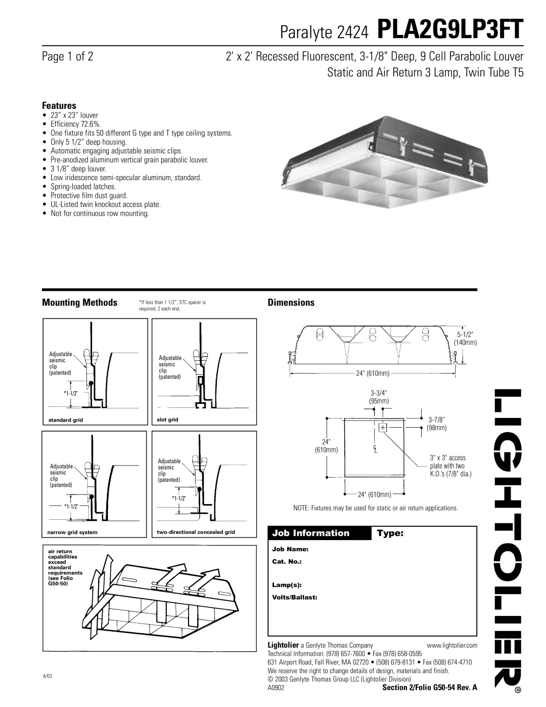Lightolier dimensions Paralyte 2424 PLA2G9LP3FT, Page 1 of, Static and Air Return 3 Lamp, Twin Tube T5, Features, Type 