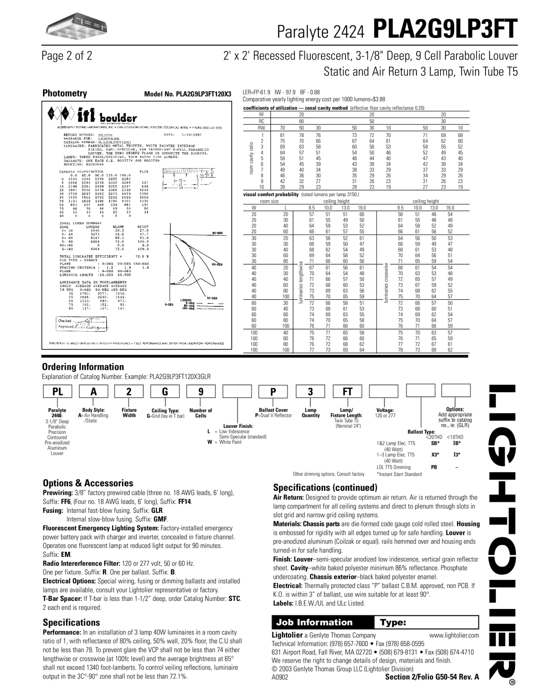 Lightolier PLA2G9LP3FT Page 2 of, Photometry, Ordering Information, Options & Accessories, Specifications continued, Type 