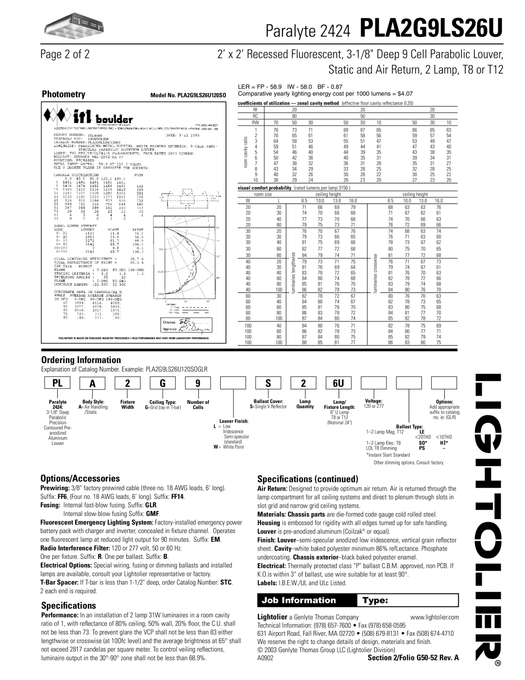 Lightolier PLA2G9LS26U dimensions Photometry, Ordering Information, Options/Accessories, Speciﬁcations 