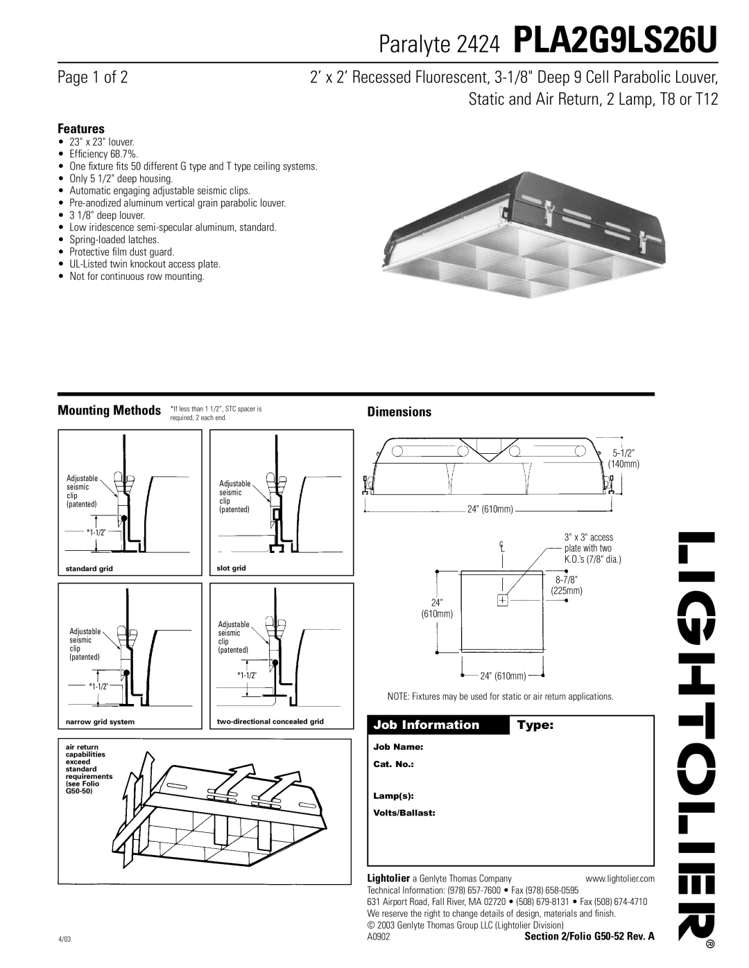 Lightolier dimensions Paralyte 2424 PLA2G9LS26U, Page 1 of, Static and Air Return, 2 Lamp, T8 or T12, Features, Type 