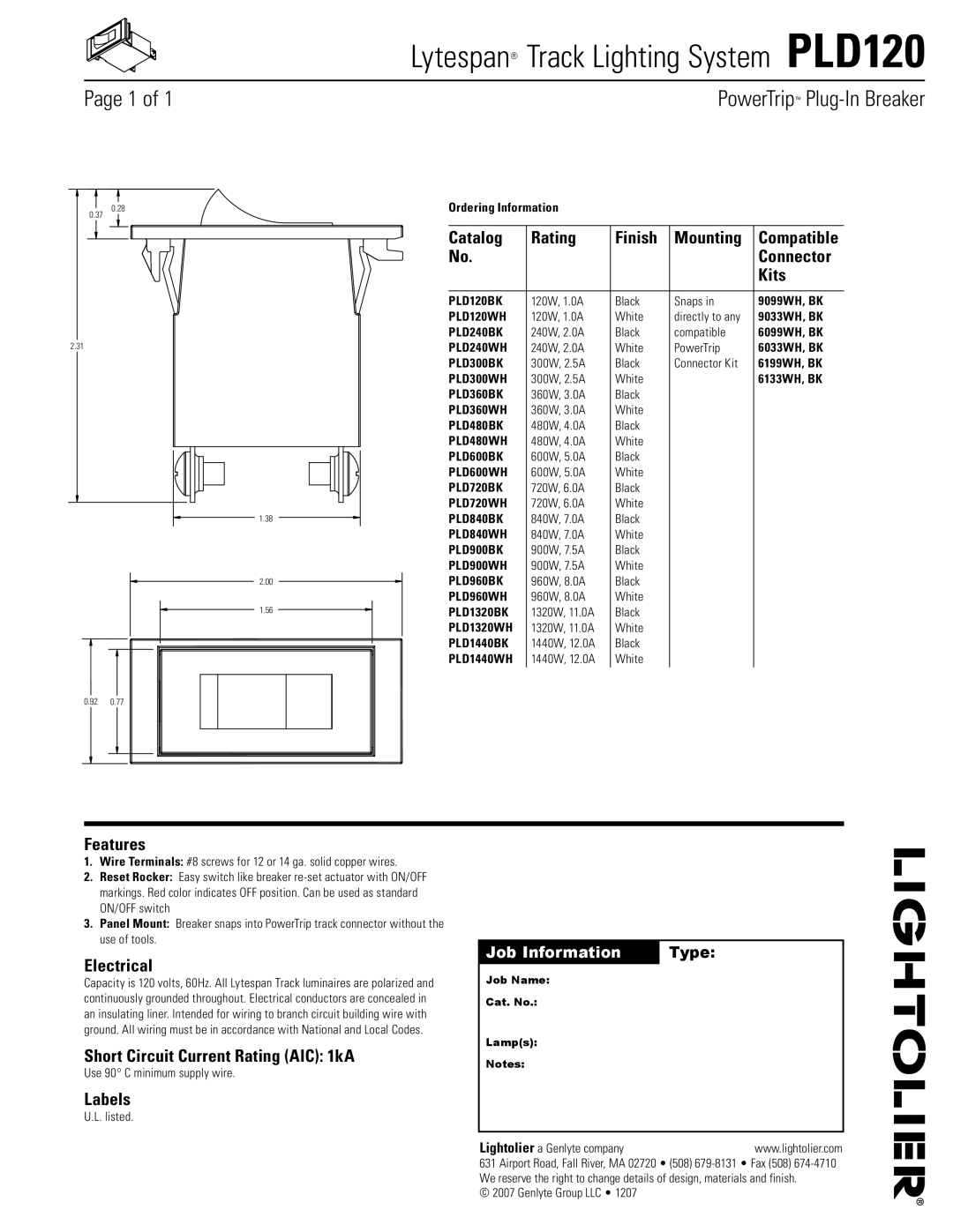 Lightolier PLD120 manual Lytespan Track Lighting System Pld120, PowerTrip Plug-In Breaker 