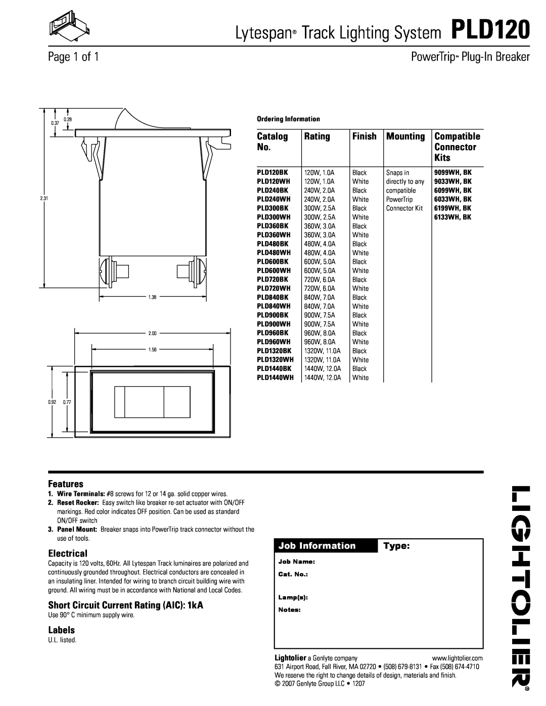 Lightolier PLD120 manual Lytespan Track Lighting System Pld120, Page 1 of, PowerTrip Plug-InBreaker, Catalog, Rating, Kits 