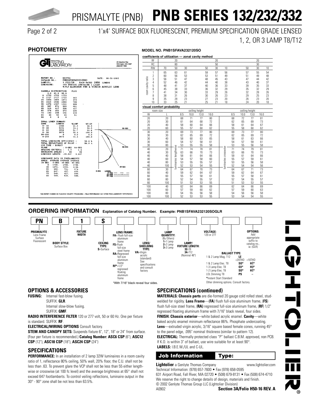 Lightolier PNB SERIES 232, PNB SERIES 132, PNB SERIES 332 dimensions Options & Accessories, Specifications, Job Information 