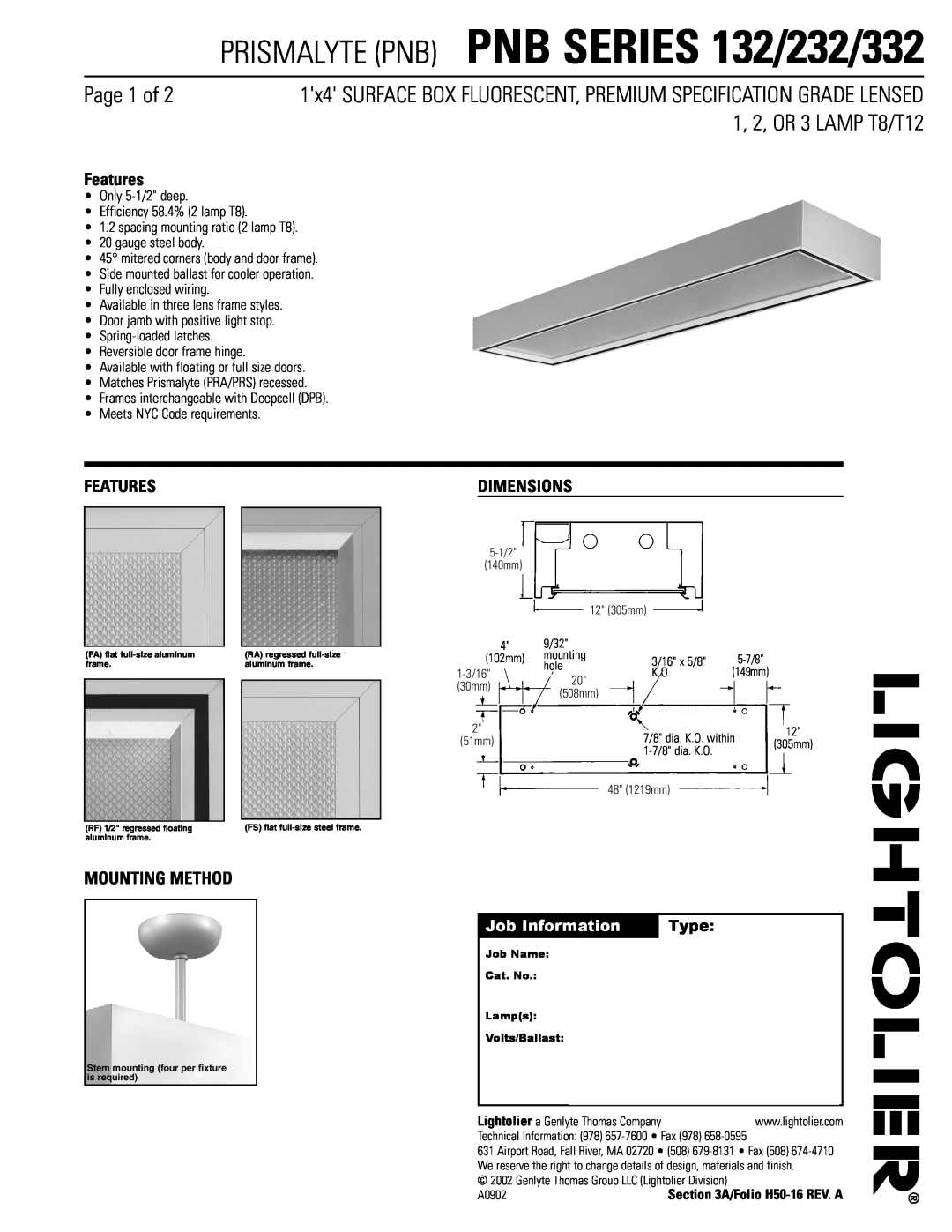 Lightolier PNB SERIES 332 dimensions PRISMALYTE PNB PNB SERIES 132/232/332, Page 1 of, 1, 2, OR 3 LAMP T8/T12, Features 