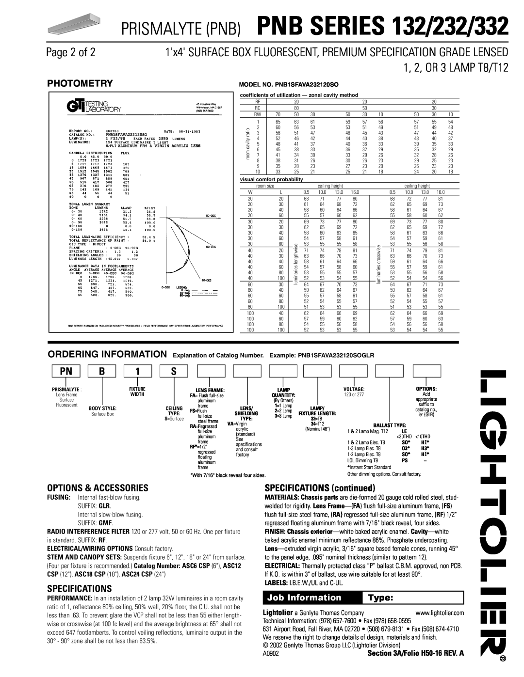 Lightolier PNB SERIES 232 Page 2 of, Options & Accessories, Specifications, SPECIFICATIONS continued, Pn B, Photometry 