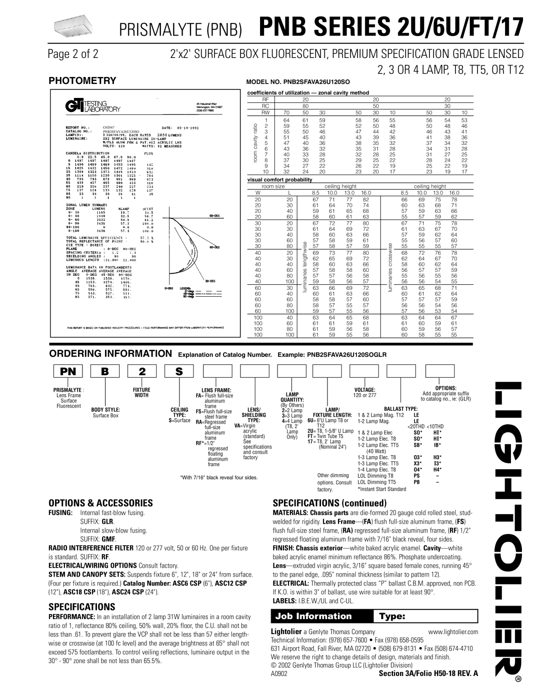 Lightolier PNB SERIES 2U/6U/FT/17 dimensions Options & Accessories, Specifications 