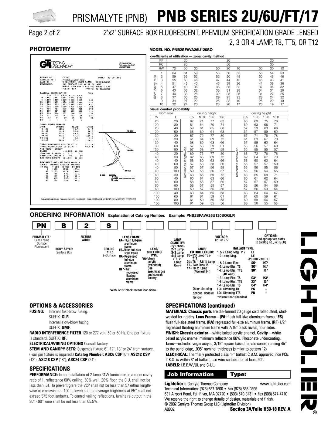 Lightolier PNB SERIES 2U/6U/FT/17 Page 2 of, Options & Accessories, Specifications, SPECIFICATIONS continued, Pn B, Type 