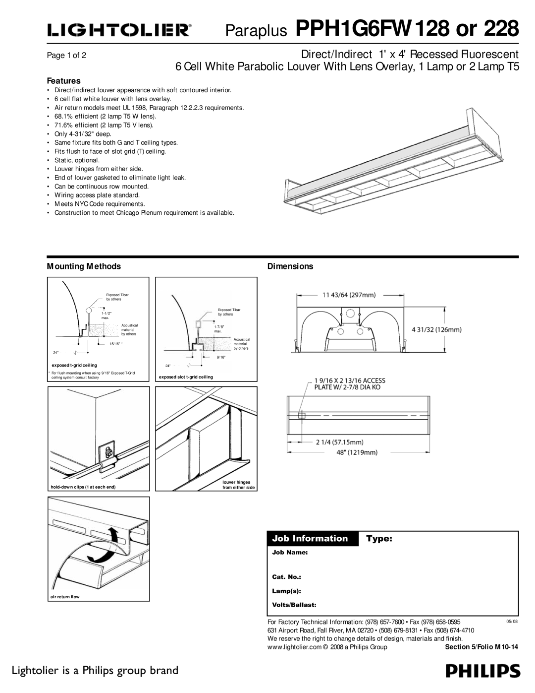 Lightolier PPH1G6FW128 dimensions Features, Mounting Methods, For Factory Technical Information 978 657-7600 Fax 978 