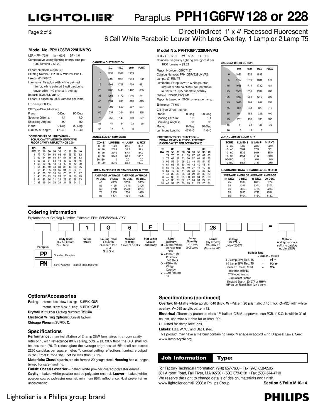 Lightolier PPH1G6FW228, PPH1G6FW128 dimensions Ordering Information, Options/Accessories, Specifications 