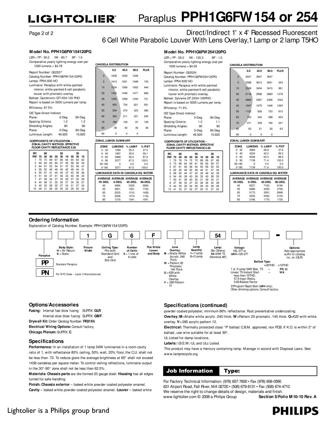 Lightolier PPH1G6FW254 dimensions Ordering Information, Options/Accessories, Specifications, Model No. PPH1G6FW154120PG 