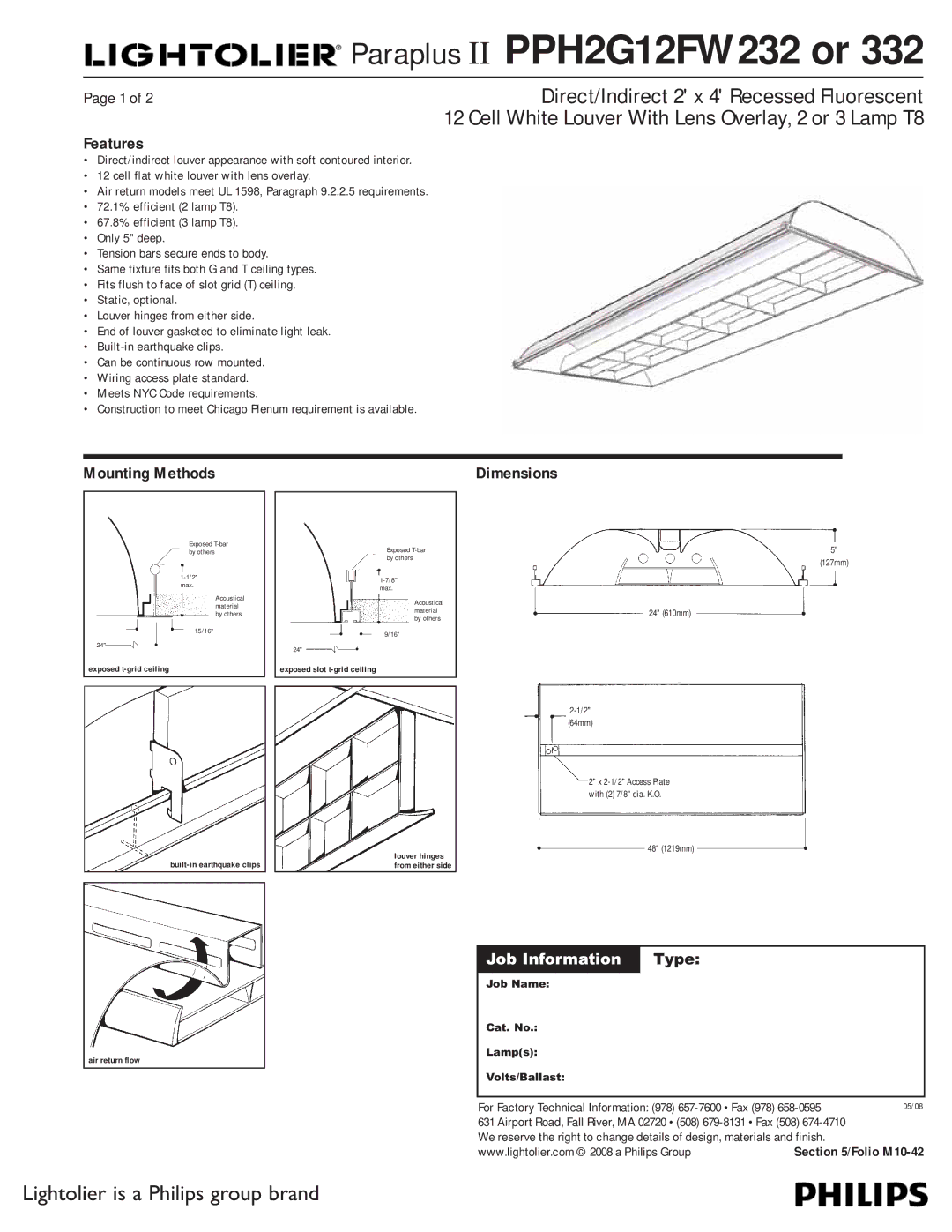 Lightolier PPH2G12FW332, PPH2G12FW232 dimensions Features, Mounting Methods, 24 610mm 64mm, 48 1219mm 127mm 