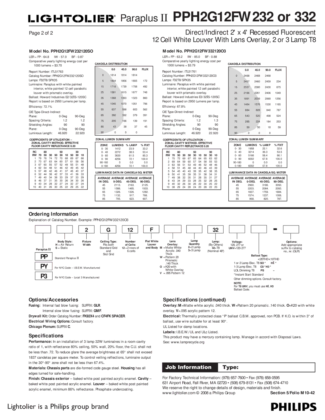 Lightolier PPH2G12FW232, PPH2G12FW332 dimensions Ordering Information, Options/Accessories, Specifications 