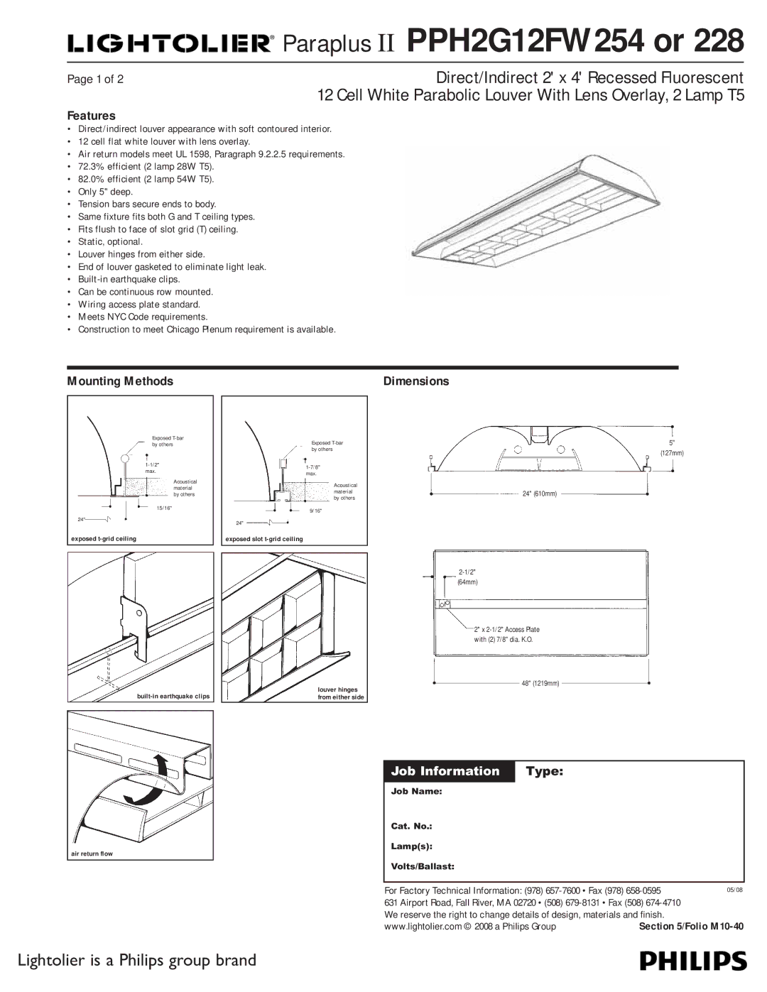 Lightolier PPH2G12FW228, PPH2G12FW254 dimensions Features, Mounting Methods, 24 610mm 64mm, 48 1219mm 127mm 