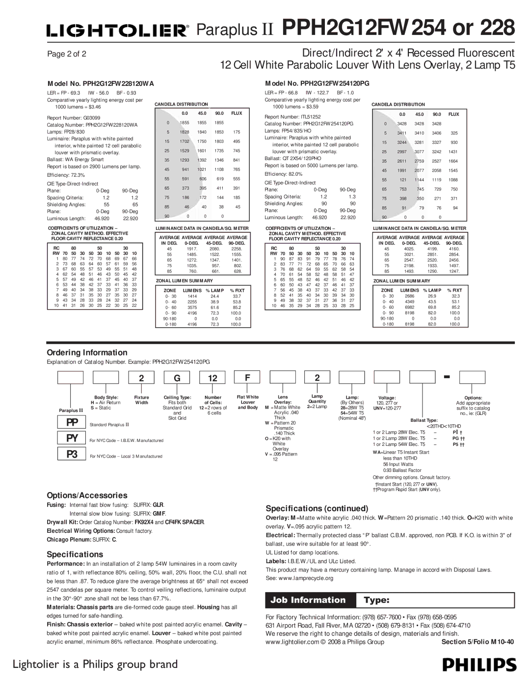 Lightolier PPH2G12FW254, PPH2G12FW228 dimensions Ordering Information, Specifications 