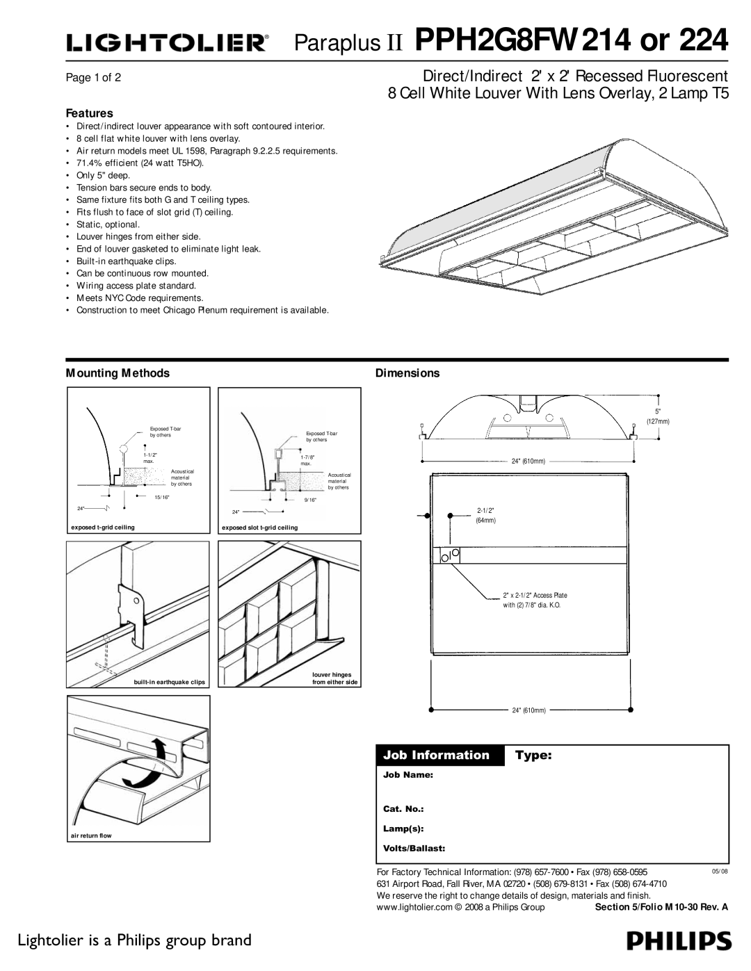 Lightolier PPH2G8FW224, PPH2G8FW214 dimensions Features, Mounting Methods, Exposed slot t-grid ceiling 