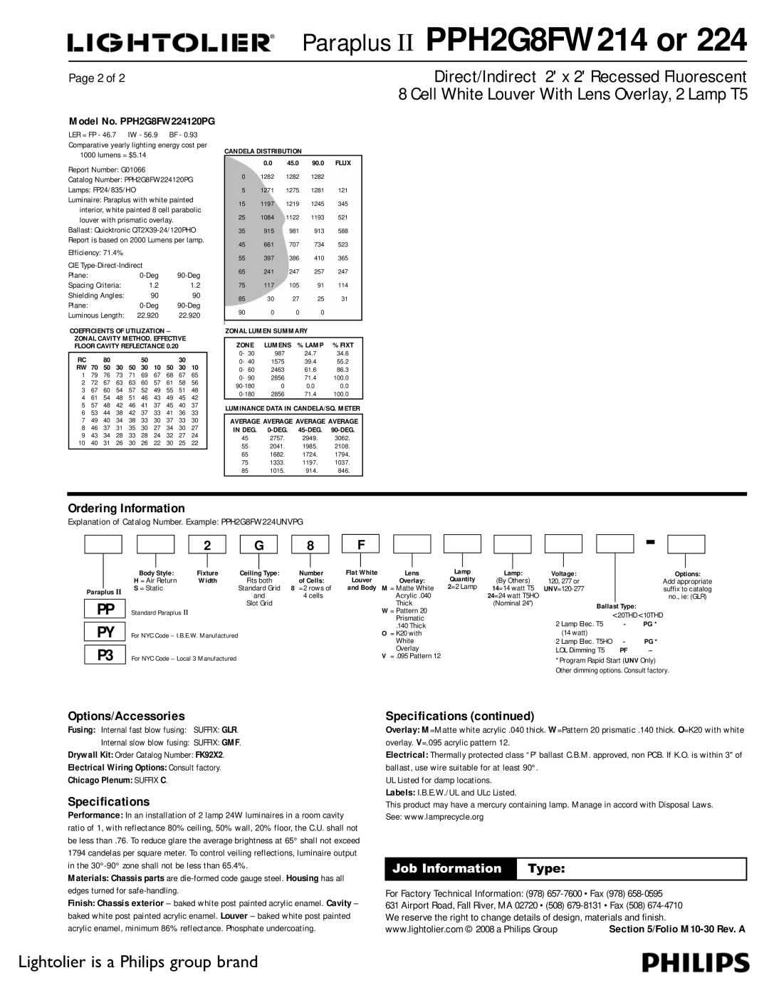 Lightolier PPH2G8FW214, PPH2G8FW224 dimensions Ordering Information, Options/Accessories, Specifications 